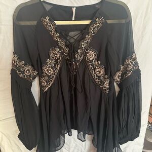 Free People Black Embroidered Blouse